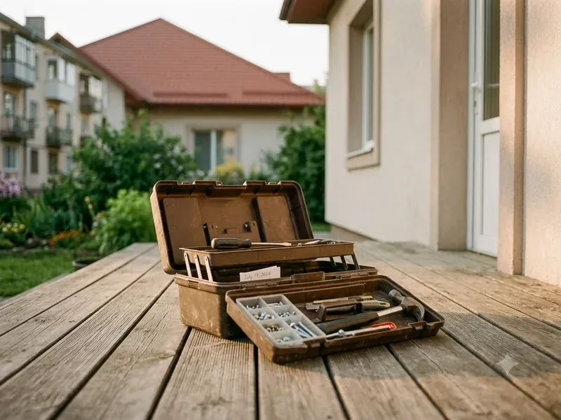 An open toolbox with screwdrivers, a hammer, and small hardware on a wooden deck